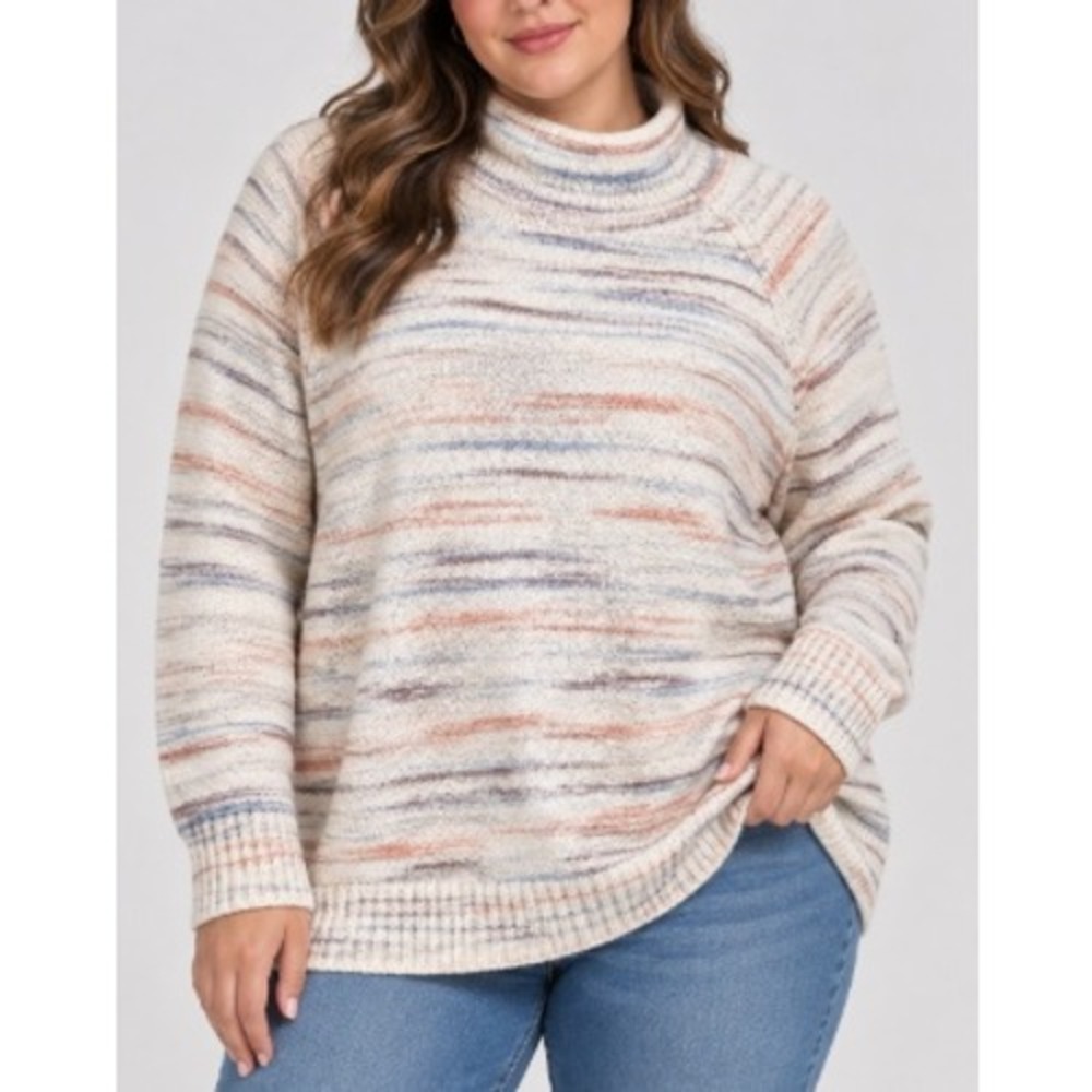 LL Bean Womens Cream Multi Mockneck Space Dye Knit Pullover Sweater Size 1X Plus